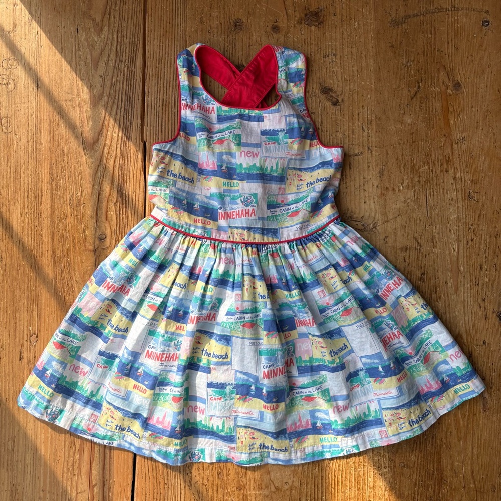 Genuine Kids Sleeveless Blue Multi Print Cotton Dress with Red Trim